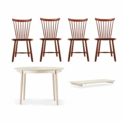 Carl matbord Ø115 & Ilägg + Lilla Åland stol 4-pack – Ljus björk-faluröd