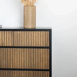 Line Hög byrå walnut/black 3+3 lådor svarta metallben