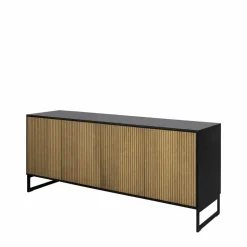 Line skänk walnut/black 4dörrar+1+1hyllor svarta metallben