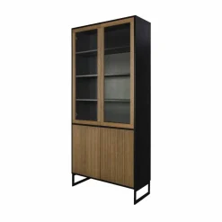 Line vitrinskåp walnut/black 2+2dörrar+3+1hyllor svarta metallben
