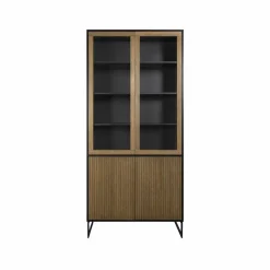Line vitrinskåp walnut/black 2+2dörrar+3+1hyllor svarta metallben