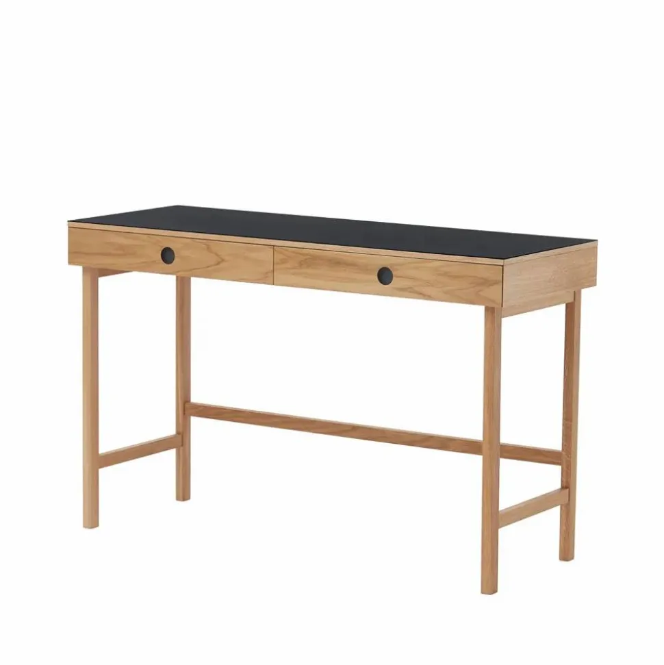 Mind skrivbord svart linoleum lådor och ben i oljad ek