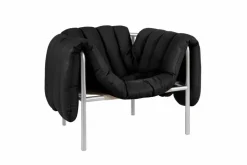 Puffy loungefåtölj Black leather-rostfritt stål