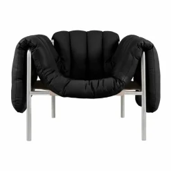 Puffy loungefåtölj Black leather-rostfritt stål