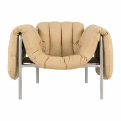 Puffy loungefåtölj Sand leather-rostfritt stål