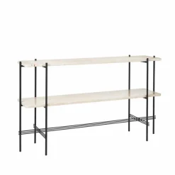 TS Console avlastningsbord 120x30x72 cm natural white travertine svart stativ 2 marmorhyllor