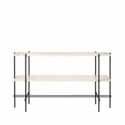 TS Console avlastningsbord 120x30x72 cm natural white travertine svart stativ 2 marmorhyllor