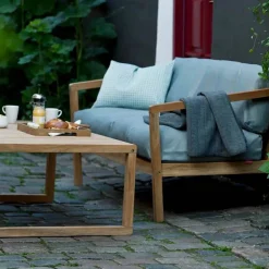 Virkelyst soffa 2-sits teak Tyg outdoor textile golden yellow stripe