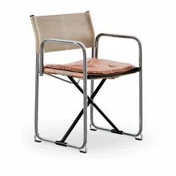 X75-2 karmstol Linneväv natur-Elmo Nordic läder Cognac-kromade ben